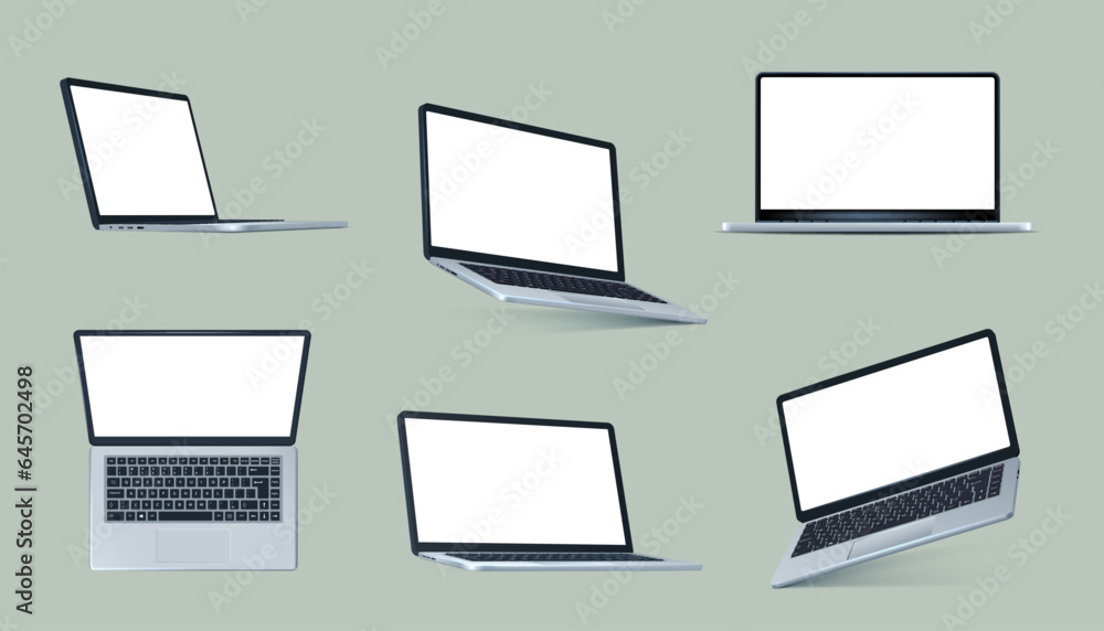 Poster 3d laptop. Isometric open computer, notebook different angles view, isolated realistic office pc with keyboard, blank white screen. Ad on monitor display template. Vector illustration set