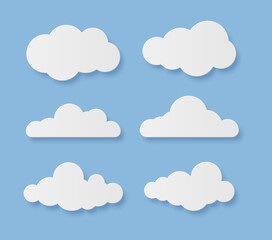 Clouds. Cartoon rainy sky elements with shadows. White paper cut decorative cloudy forms. Fluffy shapes on blue background. Weather forecast or computing sign. Vector heaven symbol