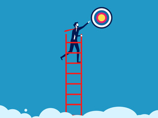 Target accomplished. Businessman climbing a ladder to grab the target vector