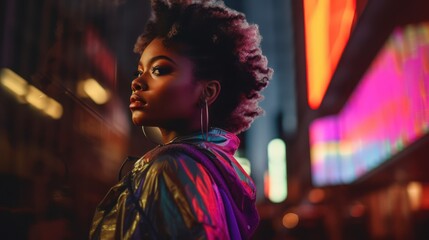 Obraz premium beautiful black woman with afro hair in city photoshoot, urban fashion, bold contrast with bokeh background, generative ai, 