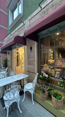 Street with cafe and restaurant tables. Restaurant tables on the street. Travel in Turkey.