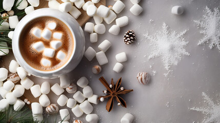 Obraz na płótnie Canvas Warm cup of hot Chocolate with marshmallows, sat on a rustic table or background with Christmas decorations. Copy space for use as a card, banner or poster.