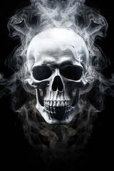 A white ghost skull face with white smoke surrounding it, black background, devil, scary