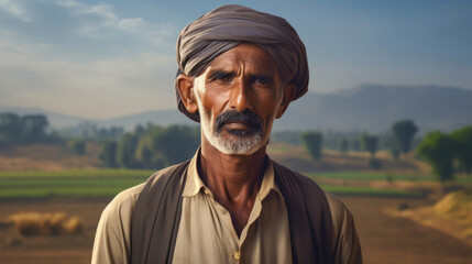 Indian Farmer's Portrait Amidst Vast Fields: A Rural Vista.