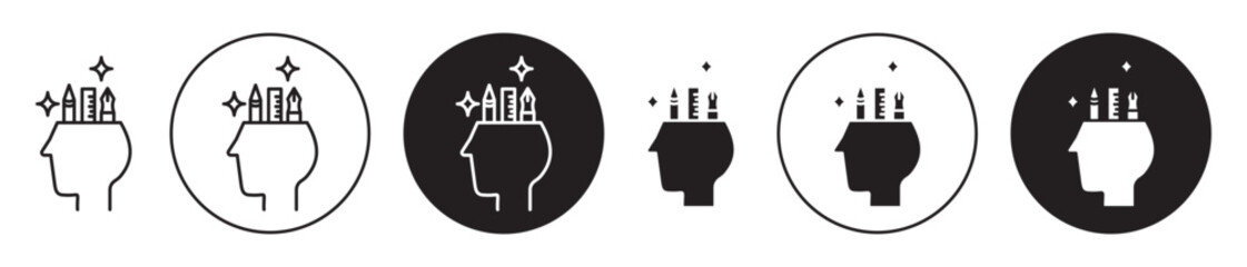 Creativity mind vector icon set. creative brain symbol. pencil in head icon set in black color.
