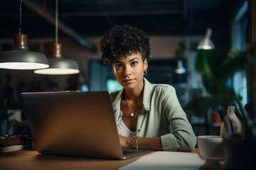 beautiful black woman with afro hair in office with laptop, corporate setting, blurred bokeh background ,generative ai