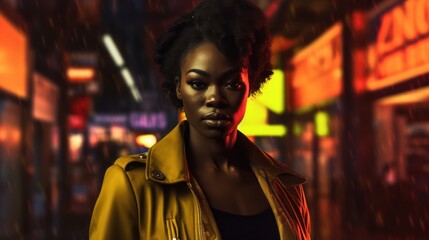 Fototapeta premium beautiful black woman with afro hair in city photoshoot, urban fashion, bold contrast with bokeh background, generative ai, 