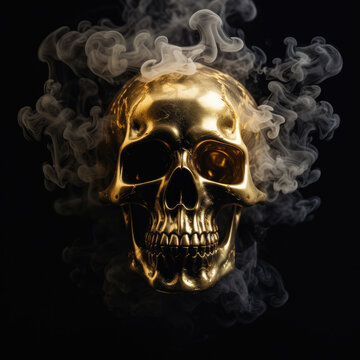 Golden Skull, close up, clean Black background, smoke in the background