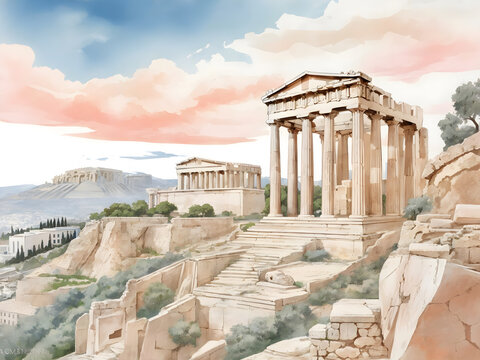  水彩画背景_世界旅行_ギリシャ_古代神殿_02