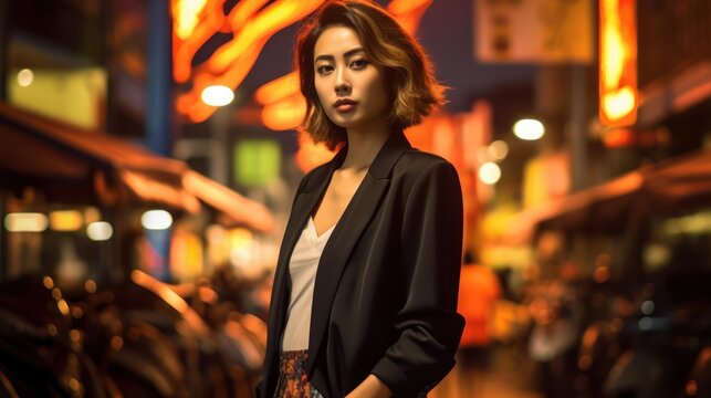 elegant thai woman in bangkok city, thailand, fashion photography of beautiful south east asian girl, bokeh background, generative ai