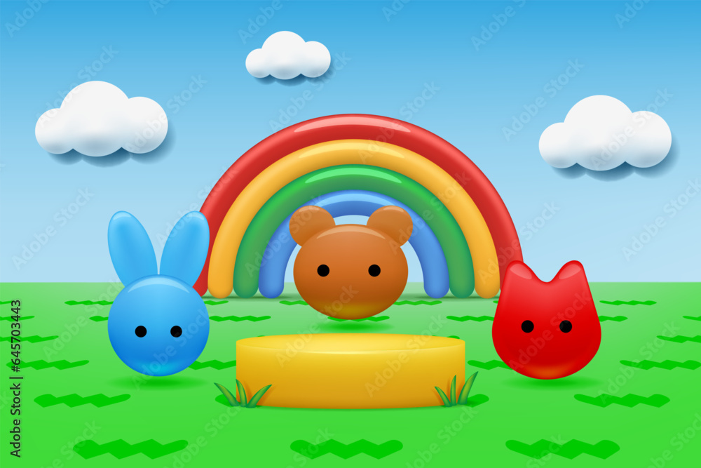 Poster 3d baby background. toy product podium. cute studio scene with display and clouds. rainbow and funny
