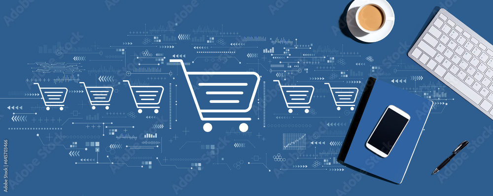 Poster online shopping theme with a computer keyboard and office items