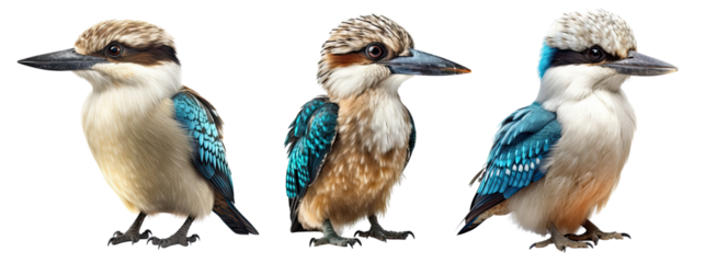 Set of Australian Kookaburra( Dacelo) bird cut out transparent isolated on white background ,PNG file ,artwork graphic design ,Generative AI