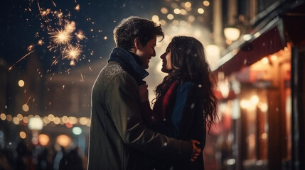 Happy couple having fun with sparklers and celebrating on New Year's eve celebration, Man and woman celebrating with firework on street at night, Romantic couple enjoying New Year party, AI Generated