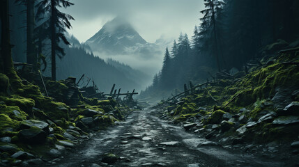 A Road in The Middle of a Mountainous Forest Under The Foggy Sky - obrazy, fototapety, plakaty