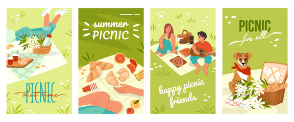 Picnic posters. People on blanket in park, basket with food and drinks, bbq and bread on grass, family weekend lunch on landscape. Outdoor summer vacation. Vector cartoon illustration