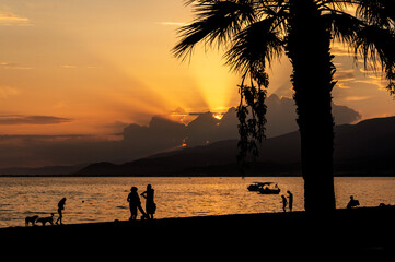 Silhouette of people on the beach at sunset.