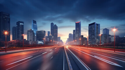 Urban Skylines: Illuminated Roadways Amidst Towering Skyscrapers, Capturing the Bustling Energy of City Life in Motion