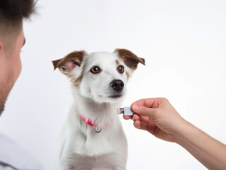 A veterinarian's hand holds out a chip to a dog. on a white background.