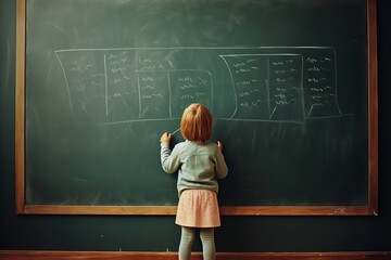 child writing on a big chalkboard back to school - obrazy, fototapety, plakaty