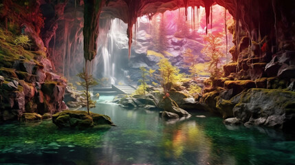 Low Angle View of A Beautiful Waterfall and Natural River Floating Through Cave
