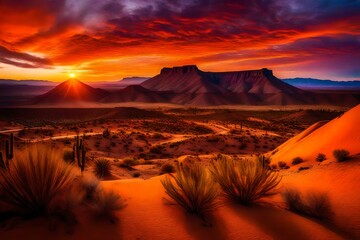 sunset in the desert ,Vibrant sunset at the desert scene with a hill and colorful land