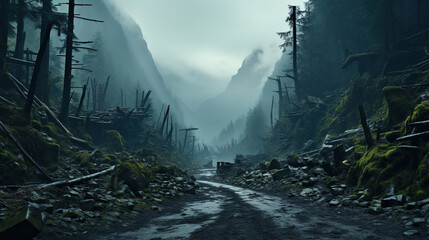 A Road in The Middle of a Mountainous Forest Under The Foggy Sky - obrazy, fototapety, plakaty