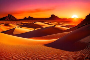 sunset in the desert ,Vibrant sunset at the desert scene with a hill and colorful land
