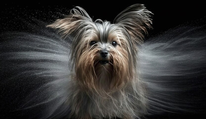 One Delightful Wet Yorkshire Terrier Violently Shakes Herself Whilst Looking at the Camera Water Splashes Selective Focus