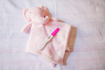 Pregnancy test in pink color. Test positive. Pregnancy test concept. Motherhood concept.