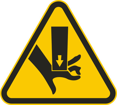Isolated safety triangle sign black pictogram injury risk finger crush accident with picture of hand, press machine, warning danger pinched point hazard information label