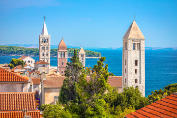 Four tower od historic Rab town view, Island of Rab - 645705425