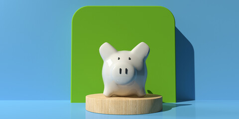 Piggy bank on a podium with a square wall - 3D render