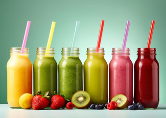 Healthy high fiber fruit and berry smoothies in bottles on green.Macro.AI Generative