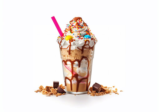 Milkshake with caramel,chocolate and various candies and whipped cream on white.Macro.AI Generative
