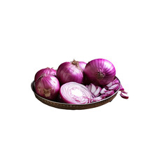 Vegetarian still life wooden board potato red onion knife white table background transparent background