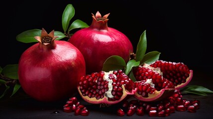 Juicy pomegranate fruit on a black background. Whole and open parts of the pomegranate, grains in the foreground