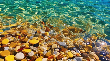 Fototapeta na wymiar Seaside Colorful Transparent Stones-Pebbles Blue Sea Water at Golden Beach