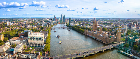 Westminster Big Ben and Thames riverfront panoramic view in London - 645706214