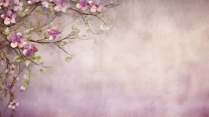 Naklejka na ściany i meble Many Small Beautiful Pink Flower Blossoms on Purple Pastel Background with Copy Space