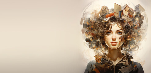 Woman surrounded by books, creative mind, exploding brain full of ideas and imagination, education concept, knowledge and wisdom