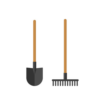 Shovel and rake. Gardening tools flat vector illustration
