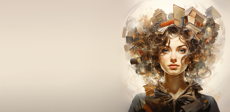 Woman surrounded by books, creative mind, exploding brain full of ideas and imagination, education concept, knowledge and wisdom