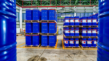 Blue 200 liter chemical and oil drums arranged on pallets. Stored in an orderly warehouse. to wait...