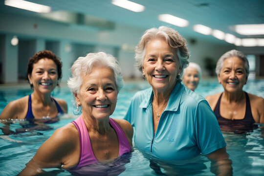 Active senior women enjoying aqua fit class in a pool, displaying joy and camaraderie. Image created using artificial intelligence.