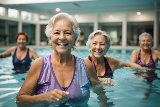 Active senior women enjoying aqua fit class in a pool, displaying joy and camaraderie. Image created using artificial intelligence.