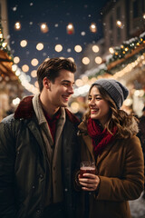 A young cheerful couple having a walk with drinks, dressed warm, looking at each other and laughing. Image created using artificial intelligence.