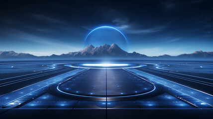 Futuristic horizon background with blue light. Genarative AI
