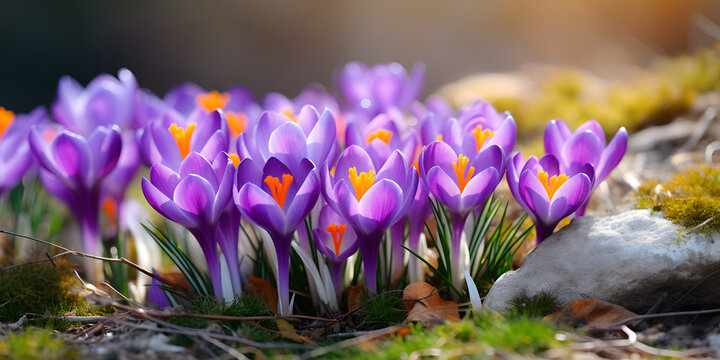 Purple crocus flowers under the snow in early spring blurry background 