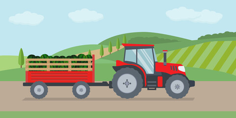 Trattore che arava il campo. Trattore che trasporta il raccolto. Concetto di agricoltura. - illustrazioni